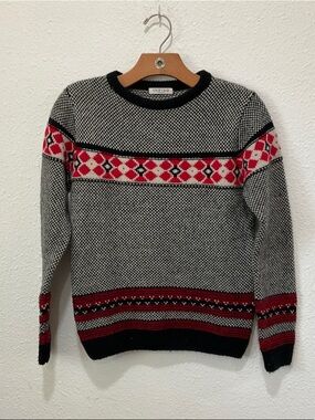 Indigo Black & Gray Crewneck Sweater with Red Fair Isle Stripes